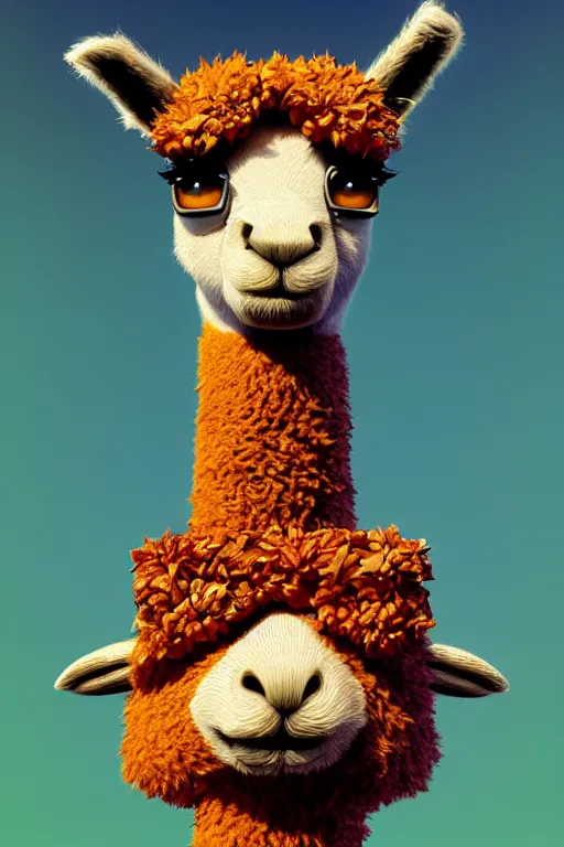 Prompt: Portrait of autumn llama, isometric 3d, ultra hd, character design by Mark Ryden and Pixar and Hayao Miyazaki, unreal 5, DAZ, hyperrealistic, octane render, cosplay, RPG portrait, dynamic lighting, intricate detail, summer vibrancy, cinematic