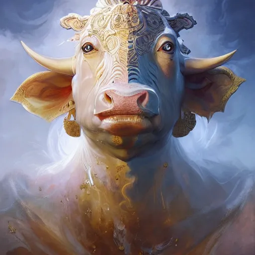 Prompt: sacred cow, acanthus scroll, ceremonial clouds, dripping paint, fibonacci rhythm, artstation, art germ, wlop, karol bak, christopher balaskas, ross tran