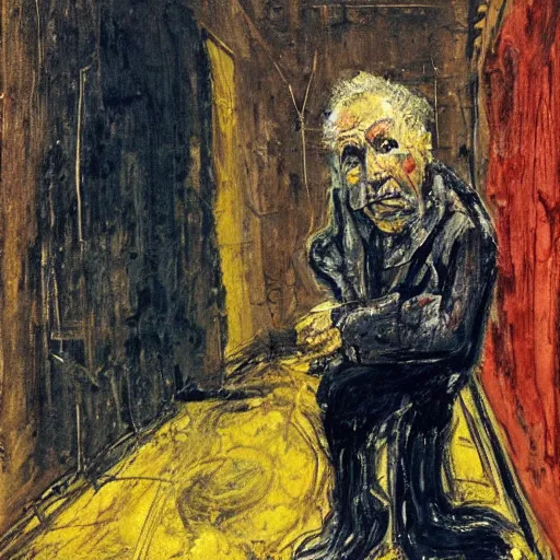 Prompt: an old man existential crisis in a dark room full of dispair and rats and holes, painted by Frank Auerbach and Francis Bacon