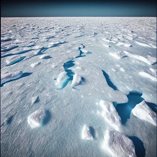 Image similar to “ a photograph taken underneath a thick layer of frozen sea ice, but above the dark water ”