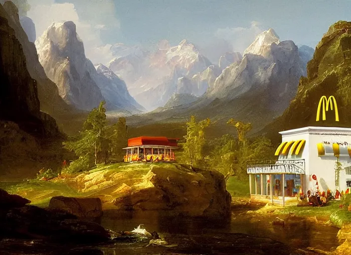 Prompt: painting of a mcdonalds restaurant in front of beautiful mountains by thomas cole