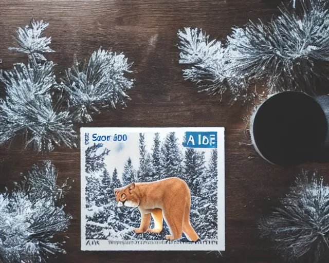 Image similar to stamp book showing 'a cougar sleeping in the middle of snowy pine tree' laying on coffee table, zoomed out shot, HD, iphone capture