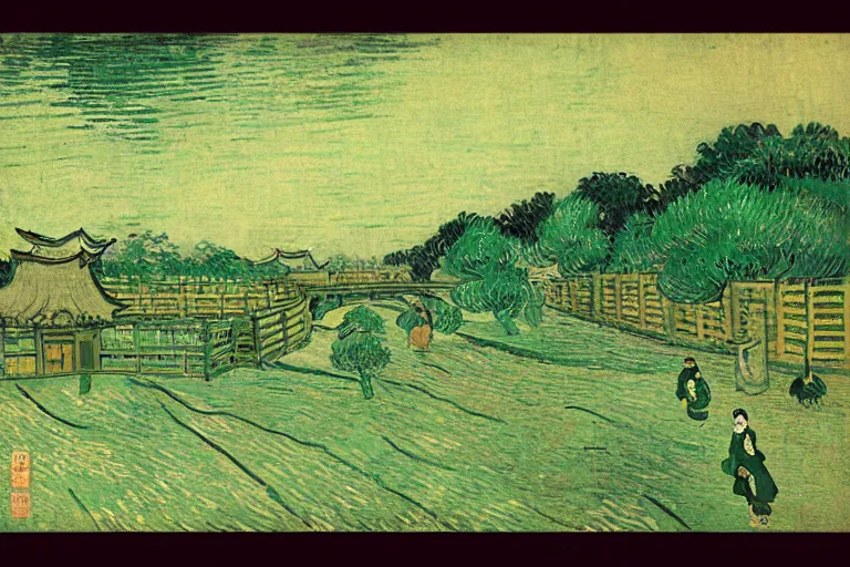 Prompt: japanese scenery in edo period, by vincent van gogh, high saturation, green color scheme