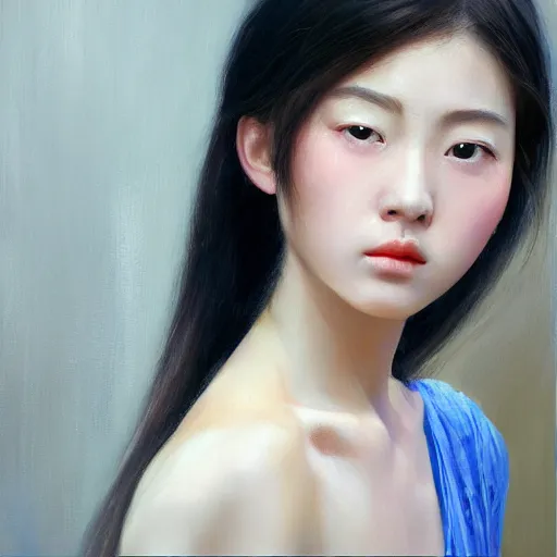 Image similar to perfect, realistic oil painting of close-up japanese girl face, by an American professional senior artist, Hollywood concept, dynamic composition and motion, postproduction.