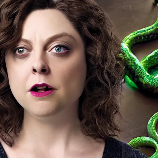 Image similar to rachel bloom as medusa with ghostly snakes for hair, highly detailed, hyper realistic, 8 k resolution