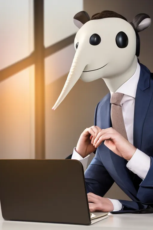 Prompt: anthropomorphic 🦨 that looks like a human, wearing business attire, sitting at a desk with a laptop, realistic, colored studio lighting, professional photography, nikon 5 0 mm f / 1. 8 g, canon