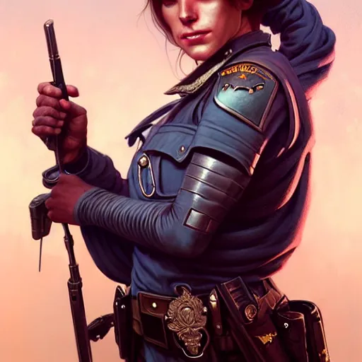 Image similar to portrait painting of a friendly tiefling police officer, ultra realistic, concept art, intricate details, eerie, highly detailed, photorealistic, octane render, 8 k, unreal engine. art by artgerm and greg rutkowski and magali villeneuve and alphonse mucha
