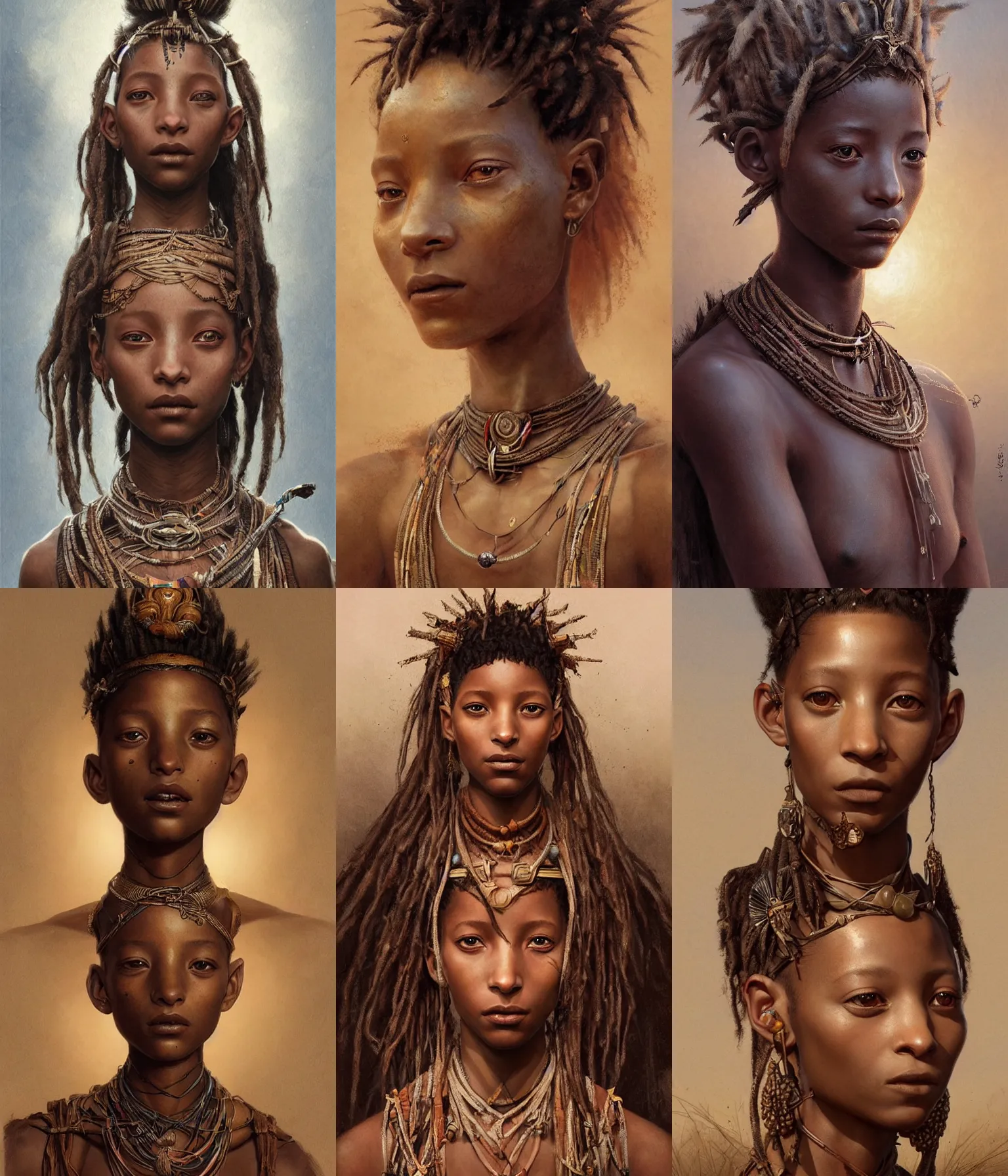 Prompt: Willow Smith as himba princess, intricate, elegant, highly detailed, digital painting, artstation, concept art, smooth, sharp focus, illustration, art by greg rutkowski and bouguereau and aleksi briclot