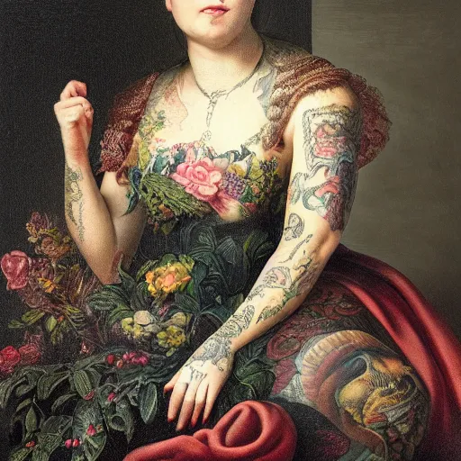 Image similar to ultra detailed, 4 k portrait of a tattooed woman in baroque dress by rachel ruysch