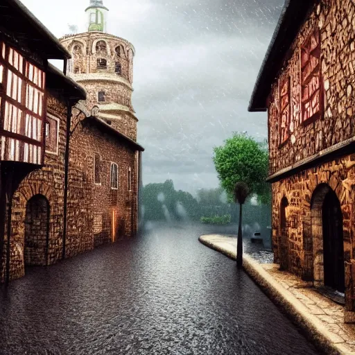 Image similar to raining and thundering in a medieval town, 4k, realistic, tranquil, calming,