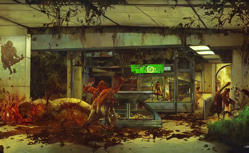 Prompt: abandoned taco bell overgrown with nature serving zombies. highly detailed science fiction painting by norman rockwell, frank frazetta, and syd mead. rich colors, high contrast, gloomy atmosphere, dark background. trending on artstation