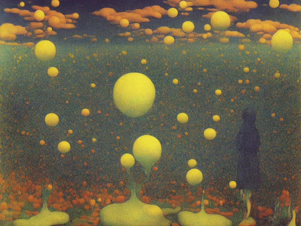 Image similar to Fata morgana above the oasis. Dandelion seed fractal glowing storm. Trembling waters. Painting by Rene Magritte, Jean Delville, Max Ernst, Maria Sybilla Merian