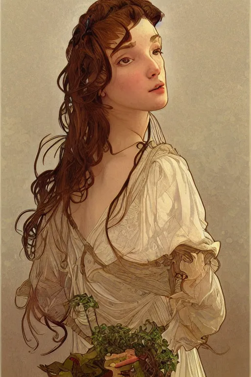 Image similar to beautiful natural coy cottagecore peasant maiden life drawing, intricate, elegant, highly detailed, digital painting, artstation, concept art, smooth, sharp focus, illustration, art alphonse mucha and james gurney and wlop