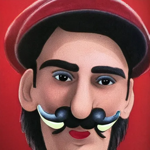 Prompt: photo of a dark haired man with long face, dark brown eyes and eyelashes, moustache, long nose, stubble wearing red newsboy cap like mario
