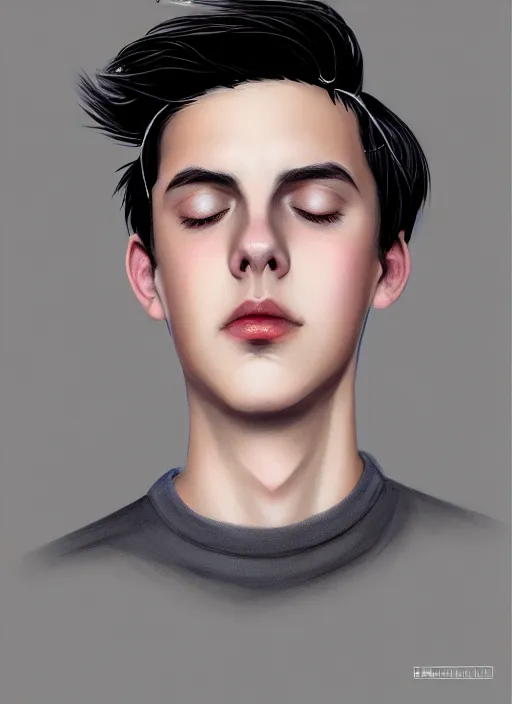 Image similar to portrait of teenage jughead jones wearing a light grey crown, crown, hamburger background, eyes closed, crown, black hair, intricate, elegant, glowing lights, warm lighting, highly detailed, digital painting, artstation, concept art, smooth, sharp focus, illustration, art by wlop, mars ravelo and greg rutkowski