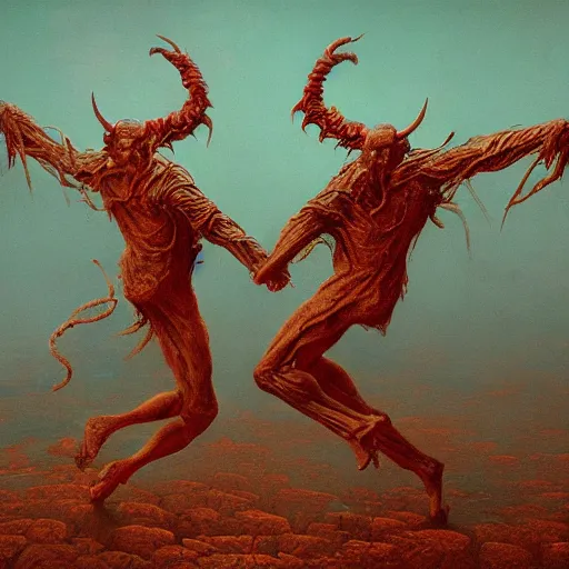 Image similar to two demons dance ballet in hell, beksinski, dariusz zawadzki, very coherent symmetrical artwork. cinematic, hyper realism, high detail, octane render, 8 k