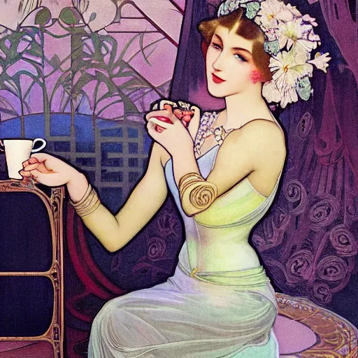 Prompt: beautiful happy slim young princess enjoying a flat white at a cafe in christchurch, new zealand. high quality cinematic 1 9 2 0 s art deco fantasy digital render art by alphonse mucha. 4 k wallpaper. silver fern. incredible. kiwiana. stunning. vibrant. saturated. intricate. cyberpunk utopian. christchurch cathedral. hagley park. the gondola.