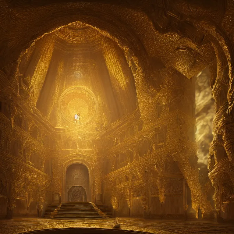 Image similar to highly detailed gold majestic in the entrance castle kingdom of agharta, aerocar, land of advanced races, giant, hollow earth infographic, hiperrealistc, global illumination, radiant light, detailed and intricate environment, trending on artstation, art by oleg oprisco, 8 k