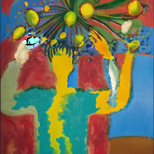 Image similar to man pouring water on head, flowers are in a pot on his head, the pot is part of his head, abstract expressionism, oil on canvas