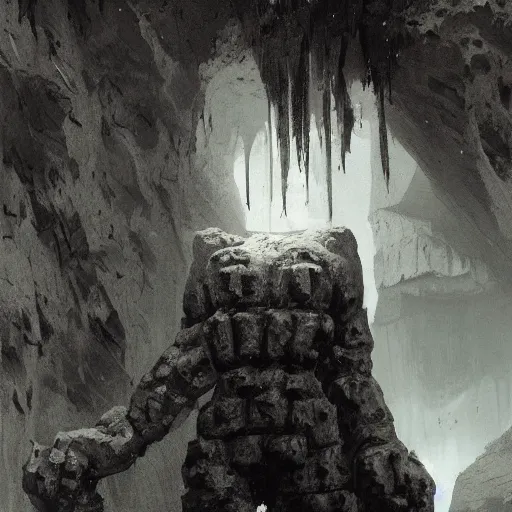 Prompt: full body portrait of a detailed stone golem inside a cave kvlt by peder balke by peder balke by greg rutkowski, by guido crepax by norman bluhm mystic high contrast monochromatic noir artstation