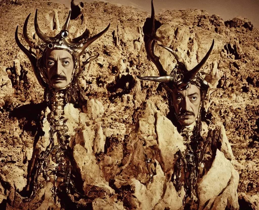 Prompt: portrait of salvador dali wearing a horned crown and costume with jewels in a dry rocky desert landscape, alien spaceship by giger, film still from the movie by alejandro jodorowsky with cinematogrophy of christopher doyle and art direction by hans giger, anamorphic lens, kodakchrome, very detailed photo, 8 k