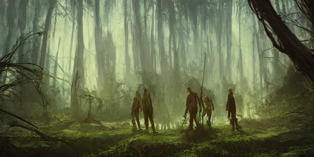 Prompt: reed - people in futuristic spiritual mystical post apocalyptic swampy forest in kazahstan drawn by ron gilbert, dim painterly volumetric aquatic lighting, scenic, beautiful, crisp, artstation, highly detailed