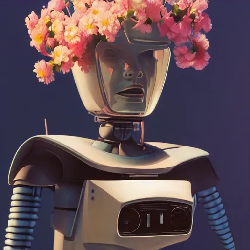 Prompt: a 3 d vaporwave painting by syd mead of a bipedal robot head with flowers growing out of the top, trending on artstation, masterpiece, incredible details