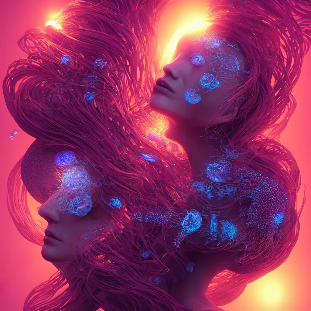 Image similar to goddess close-up portrait. orchid jellyfish phoenix head, nautilus, skull, betta fish, bioluminiscent creatures, intricate artwork by Tooth Wu and wlop and beeple. octane render, trending on artstation, greg rutkowski very coherent symmetrical artwork. cinematic, hyper realism, high detail, octane render, 8k