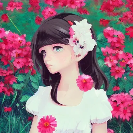 Image similar to little girl with flowers in hair wearing an white dress. black, red, white and pink color palette. art by ilya kuvshinov, profile picture, inspired in hirohiko araki, realistic, highly detailed, 8 0 s anime art style