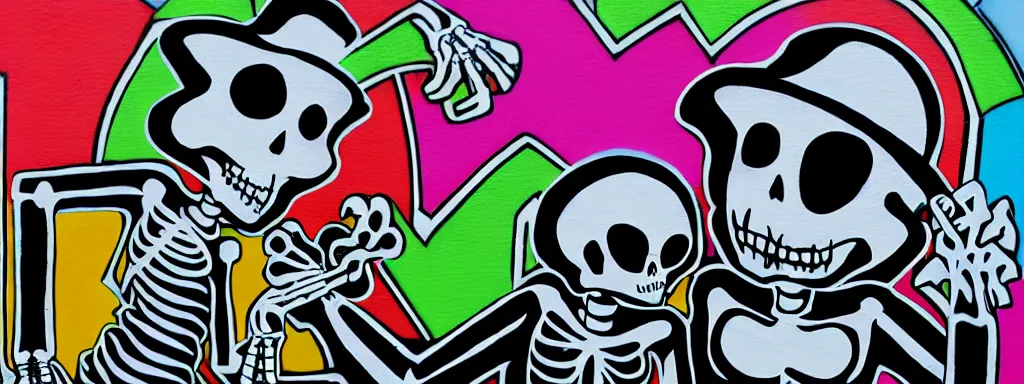 Prompt: ska skeleton and girlfriend, graffiti art, 8 0 s checkerboard 6 6 6, digital art, chalk, ultra detailed by tara mcpherson and gary houston, 3 5 mm