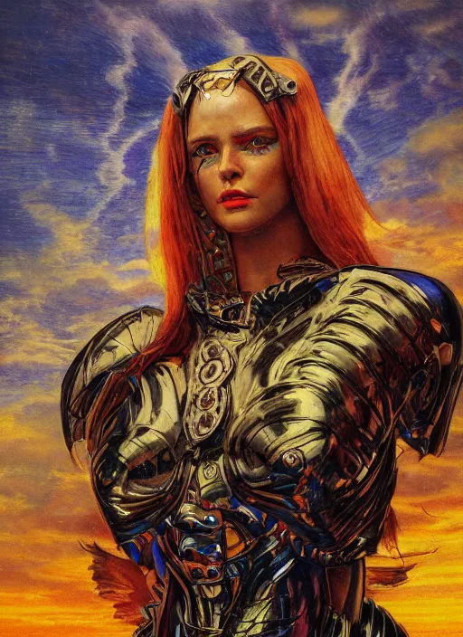 Image similar to biblical diabolical beautiful female valkyree android, shiny plastic armor, jump, heavy eyes to the side, closeup, bright glowing veins, in clouds, rain, sunset, portrait, by gerald brom, by mikhail vrubel, by peter elson, muted colors, extreme detail, reflections, trending on artstation, 8 k