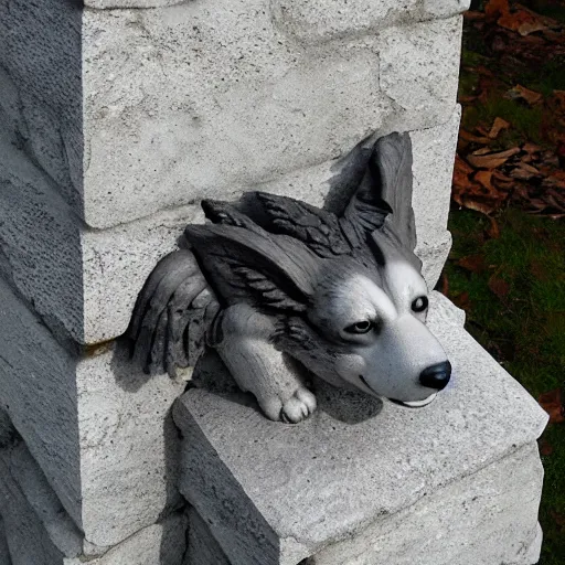 Prompt: corgi gargoyle with wings made of stone, uncropped, photography