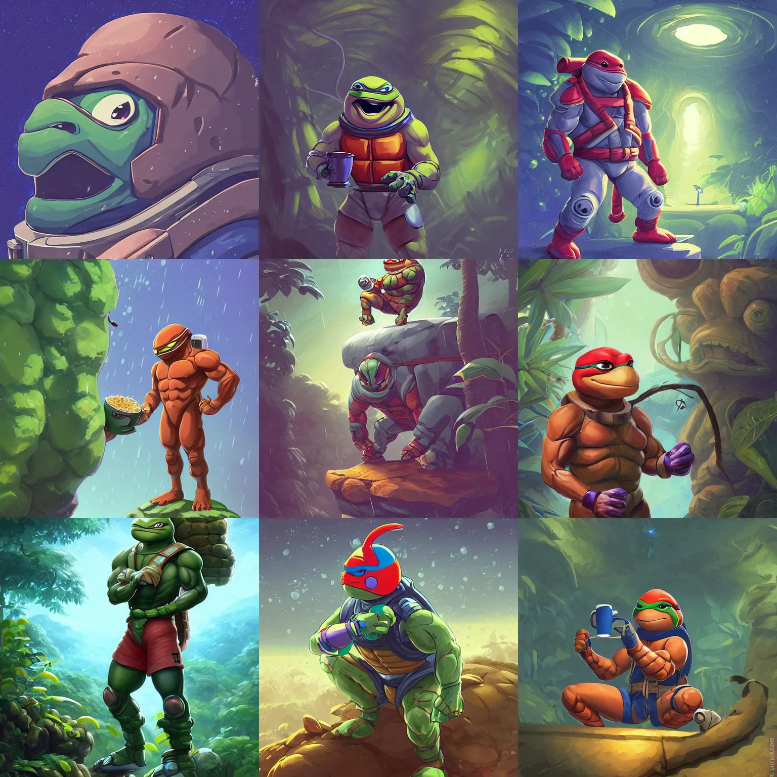 Prompt: muscular ninja turtle in a spacesuit drinks a steaming cup of tea in a rain forest jungle, video game icon design , 2d game fanart behance hd by Jesper Ejsing, highlydetailed, by RHADS, Makoto Shinkai and Lois van baarle, ilya kuvshinov, rossdraws global illumination