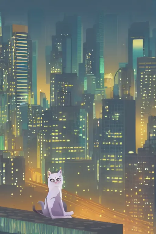 Image similar to cat overlooking bustling downtown city at night, pixel digital artstyle HD
