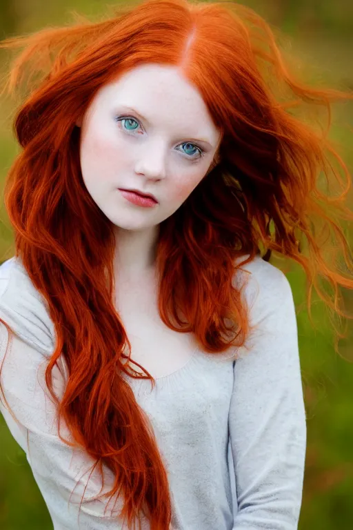 Image similar to a portrait of a redhead beautiful girl, green eyes, highly detailed, 3 5 mm f 1. 4 background silver fir