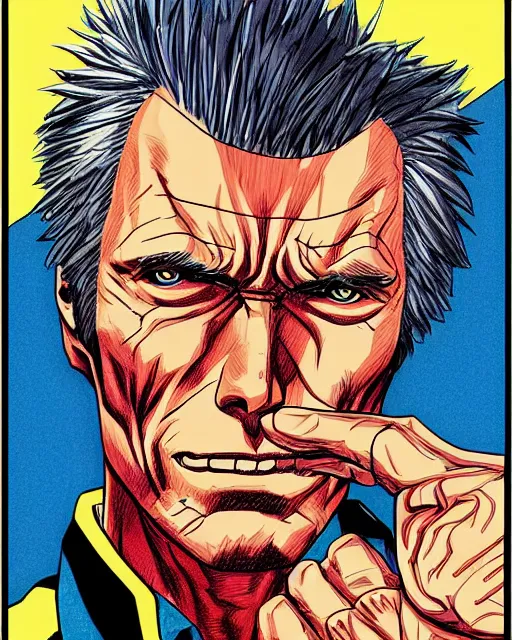 Image similar to Digital color pen drawing of Clint Eastwood from JoJo\'s Bizzare Adventure, highly detailed, sharp focus, screentone shading, 1990 manga panel, trending on ArtStation, manga cover art drawn by Hirohiko Araki