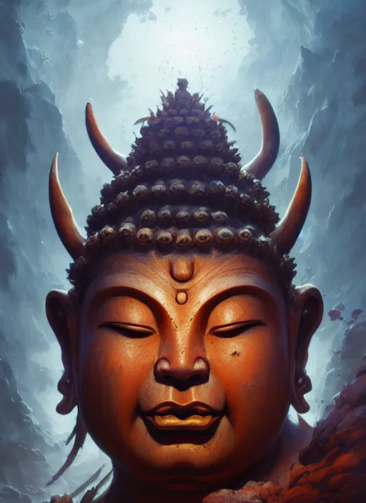 Image similar to oni with the face of a buddha, subsurface scattering, by jesper ejsing, justin gerard, tomasz alen kopera, cgsociety and fenghua zhong, highly detailed, rim light, cinematic lighting, illustration, art, octane render, very coherent, cinematic, hyper realism, high detail, octane render, 8 k