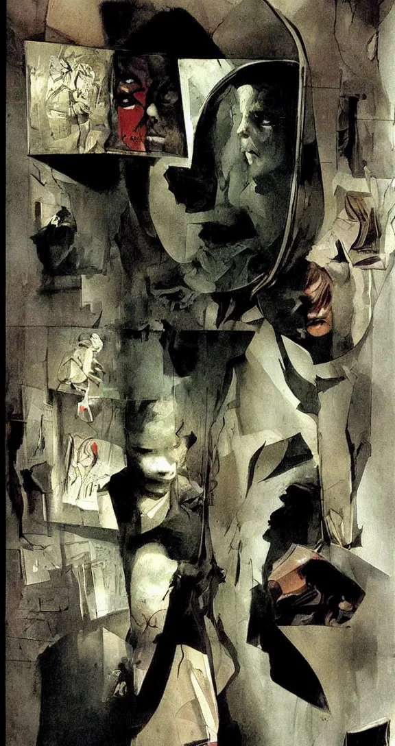 Prompt: Stuck behind the mirror, book cover, maximalism, general human form, photorealistic, deep shadows, by Dave McKean