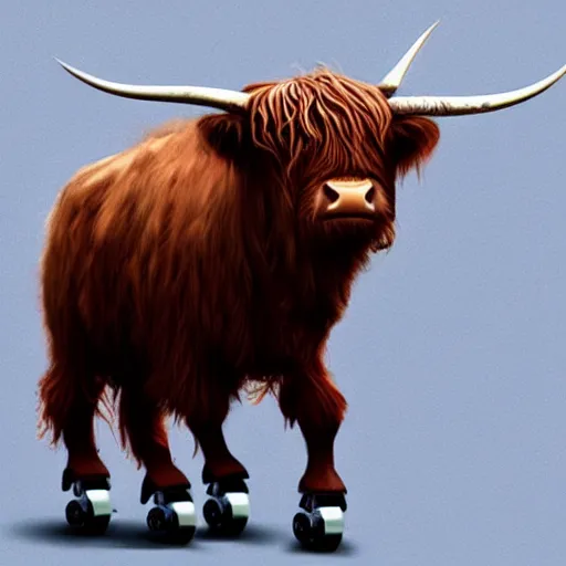 Image similar to a highland cow wearing roller skates, concept art, artstation, cinematic