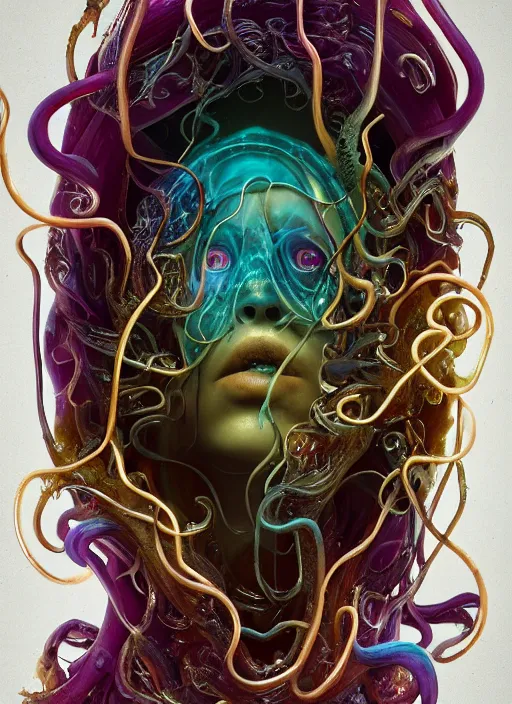 Image similar to subsurface scattering, medusa made of soft wax, cgsociety, translucent, organic squid art nouveau swirls, biomechanical, colored smoke, gold cables, in the style of alberto seveso and ruan jia and beeple and giger, mystical colors, back light, rim light, dramatic lighting, 8 k, stunning scene, raytracing, octane render