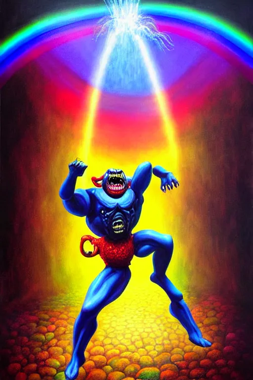 Prompt: a hyperrealistic painting of a boss fight against evil rainbow bright, cinematic horror by chris cunningham, lisa frank, richard corben, highly detailed, vivid color,