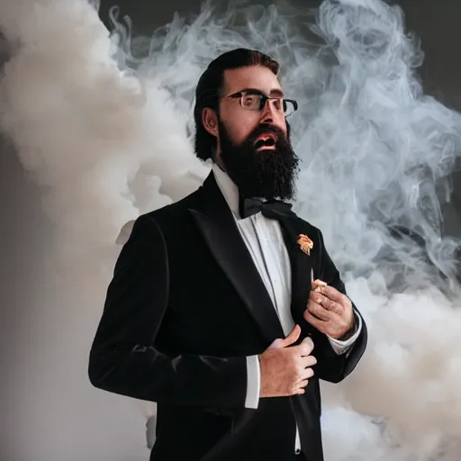 Prompt: Man wearing classy tuxedo inside cloud of smoke, beard, eyes, Canon EOS R3, details, f/1.4, ISO 200, 1/160s, 8K, RAW, unedited