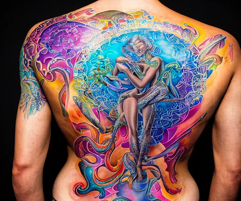 Image similar to closeup photograph of an incredible color upper back tattoo in style of Alex grey peter mohrbacher intricate, female model with attractive body, award-winning by rapha lopes, and baris yesilbas, photo taken with dramatic studio lighting by brian ingram