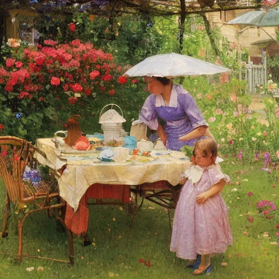 Prompt: a housewife and her daughter putting dishes on a table in the backyard, a tilted parasol sits above the table, a garden with colorful flowers in the background, rainy scene, cozy 1 9 5 0's, medium symmetry, by ilya repin, by greg rutkowski, extreme detail, 8 k, intricate abstract, photorealistic