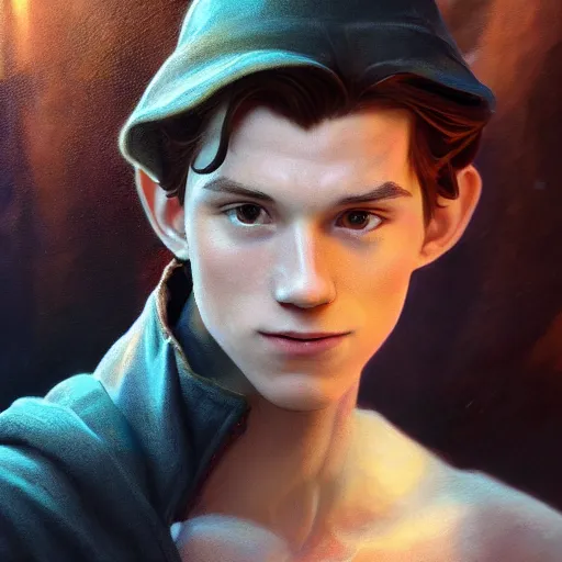 Prompt: skinny young tom holland as bell from beauty and the beast, dynamic lighting, path traced, atmospheric, highly detailed, high quality, beautiful painting, octane render, don bluth, ross tran, studio ghibli, alphonse mucha, jama jurabaev, extremely detailed, brush strokes, artstation, artgerm