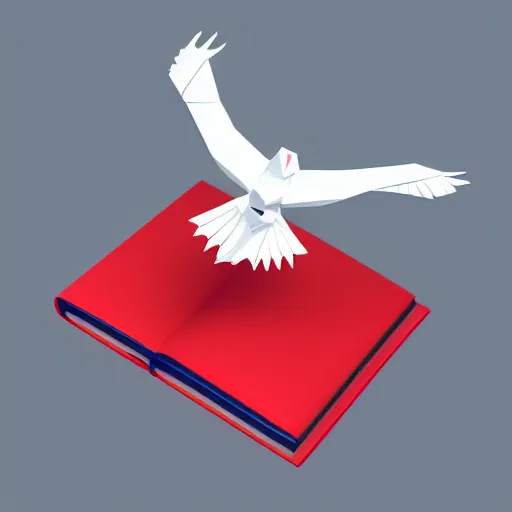 Prompt: low poly, vector, white eagle flying above an open book, icon, red background, cgsociety, artstation, octane render