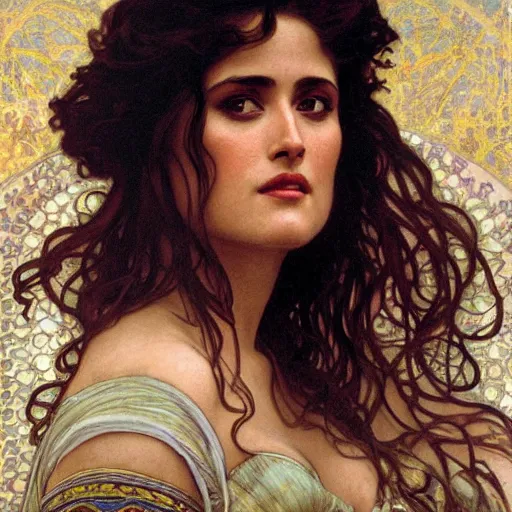 Image similar to detailed portrait art nouveau painting of salma hayek, by Alphonse Mucha, Michael Whelan, William Adolphe Bouguereau, John Williams Waterhouse,and Donato Giancola