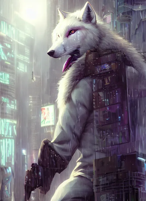 Image similar to character portrait of a male anthro albino wolf fursona with a tail and a cute beautiful attractive detailed furry face wearing stylish cyberpunk clothes in a cyberpunk city at night while it rains. hidari, color page, tankoban, 4K, tone mapping, Akihiko Yoshida. Nomax, Kenket, Rukis. comic book style, photorealistic, professional lighting, hyperdetailed, high resolution, high quality, dramatic, deviantart, artstation, 4k, real photo