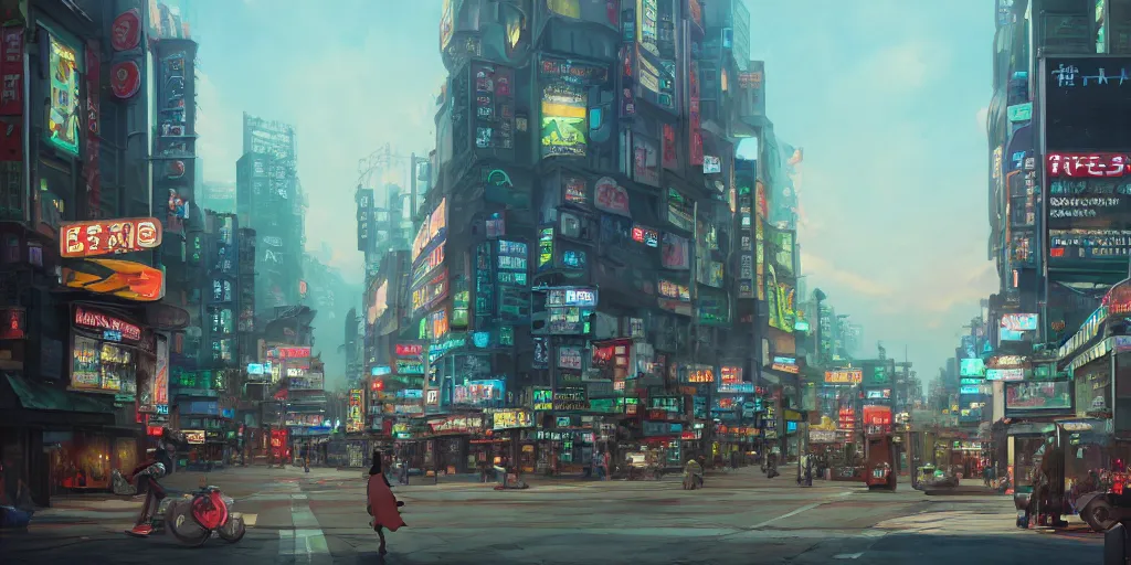Image similar to A highly fantasy detailed matte painting of Buildings with Japanese Billboards and neonsigns by Studio Ghibli, Makoto Shinkai, by Artgerm, by WLOP, by Greg Rutkowski, volumetric lighting, octane render, 4K resolution, trending on artstation, masterpiece