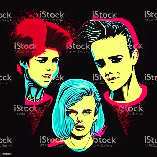 Image similar to two beautiful faces of a woman and a man, with a tatoo of semi colon on their face, in retro colors, synthwave style, 2 d digital vector art